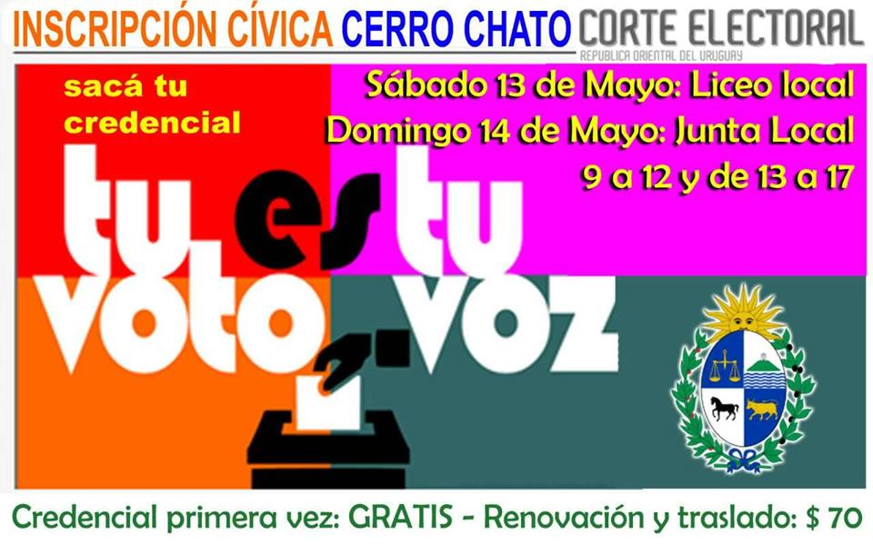 11.05.2017 Oficina de Corte Electoral estará presente en Cerro Chato para trámites de Credencial Cívica