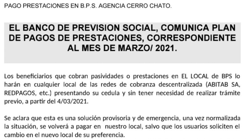 24.02.2021 Pagos de BPS para mes de Marzo en Cerro Chato