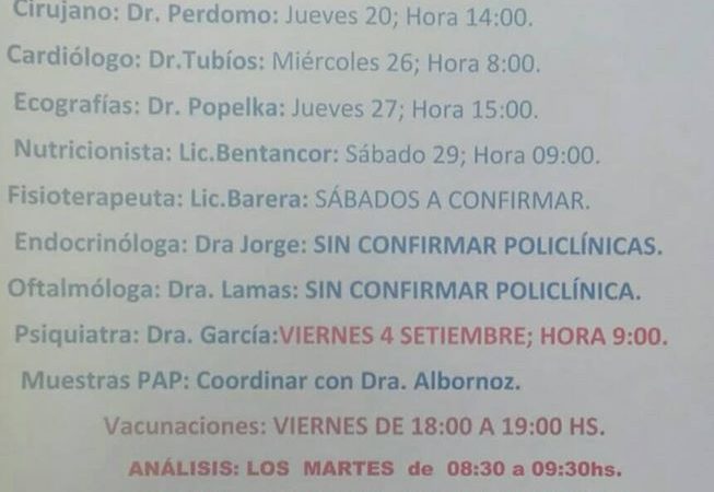 05.08.2020 Médica Uruguaya confirmó el calendario de especialistas en Cerro Chato para Agosto.